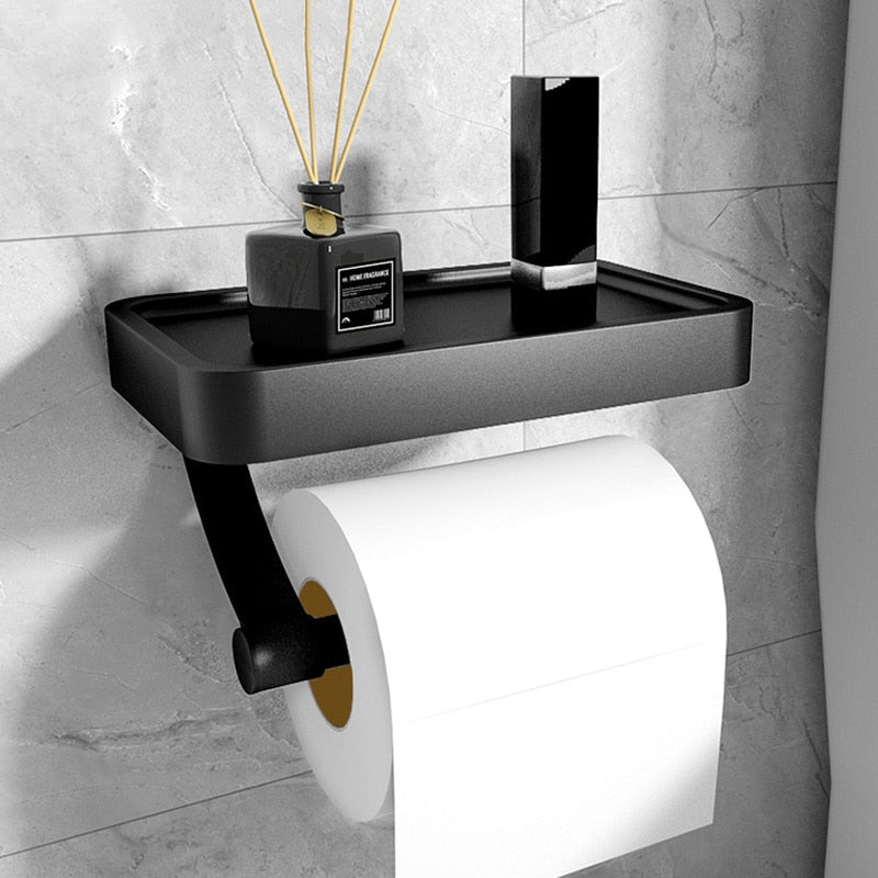 Wandrolhouder voor Toiletpapier met Plankje - Roestvrij Staal - Zwart, Wit & Grijs