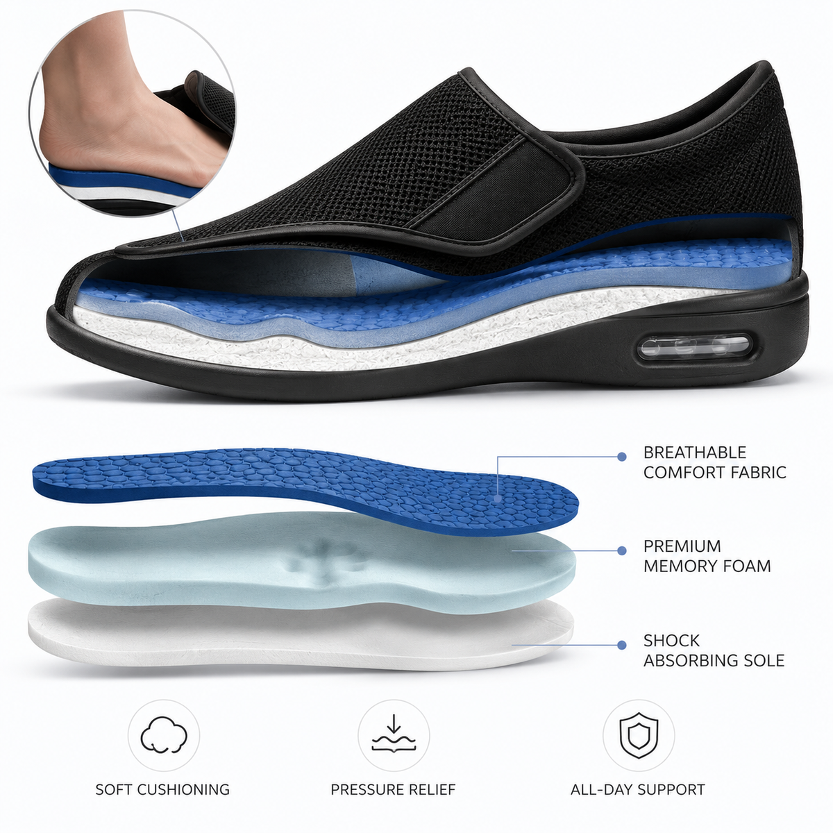 Brede Instapschoenen voor Gevoelige en Gezwollen Voeten - Memory Foam Inlegzool - Naadloos Interieur - Diabetische Comfortschoenen voor Dagelijks Gebruik