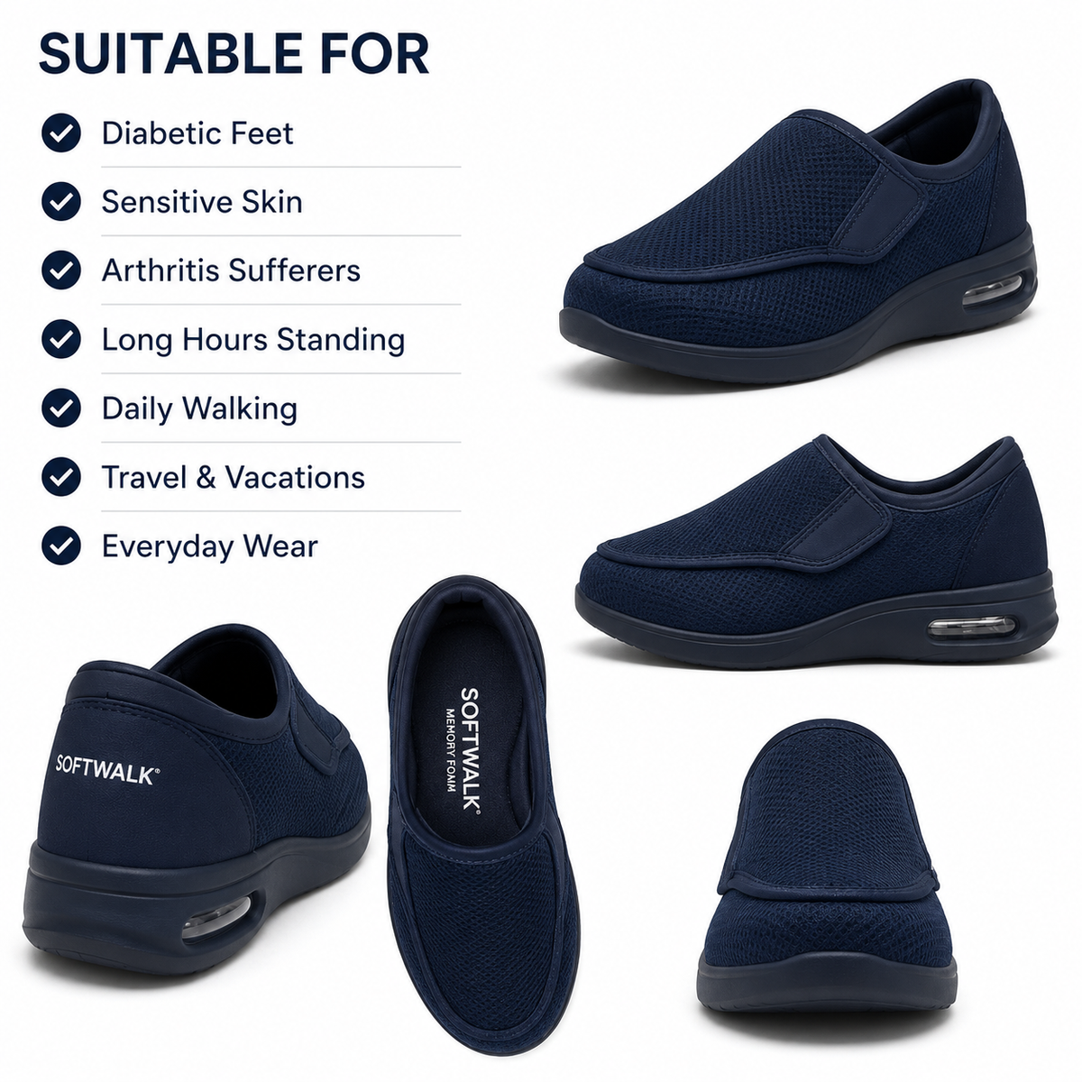 Brede Instapschoenen voor Gevoelige en Gezwollen Voeten - Memory Foam Inlegzool - Naadloos Interieur - Diabetische Comfortschoenen voor Dagelijks Gebruik