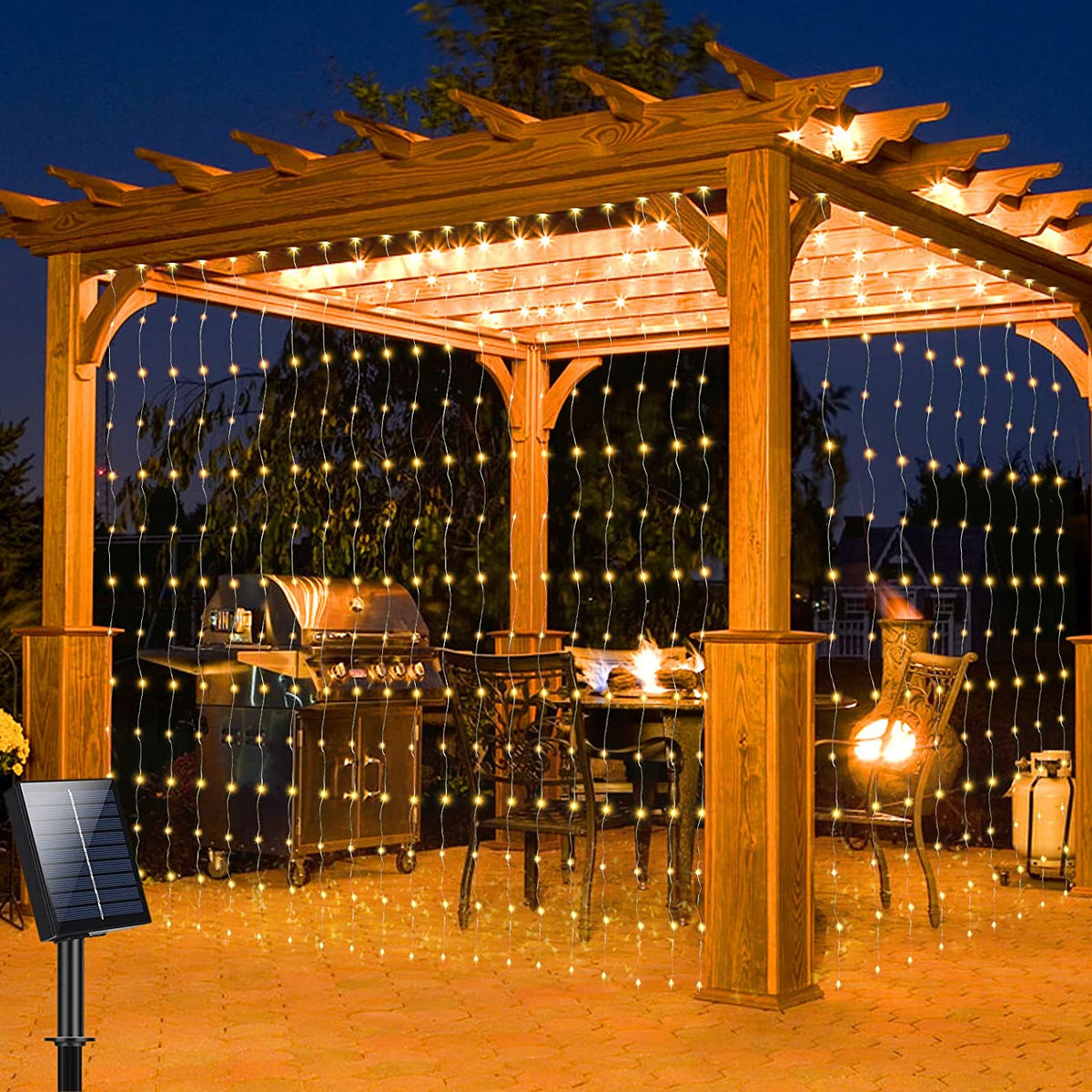 Zonne-energie Lichtgordijn voor Buiten 300 LED Warm Wit Waterbestendige Sfeerverlichting Tuin Terras