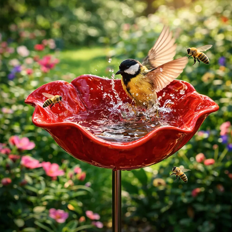 Decoratieve Metalen Tuinsteker met Vogelbad 60cm - Bloemvormig Waterstation voor Vogels en Insecten in 7 Kleuren