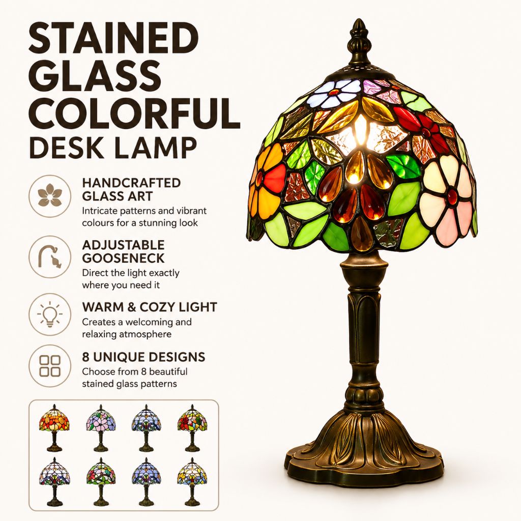 Tiffany Tafellamp met Glas-in-Lood Kap Verstelbaar Leeslamp Bureaulamp Scandinavisch Design Sfeerlicht