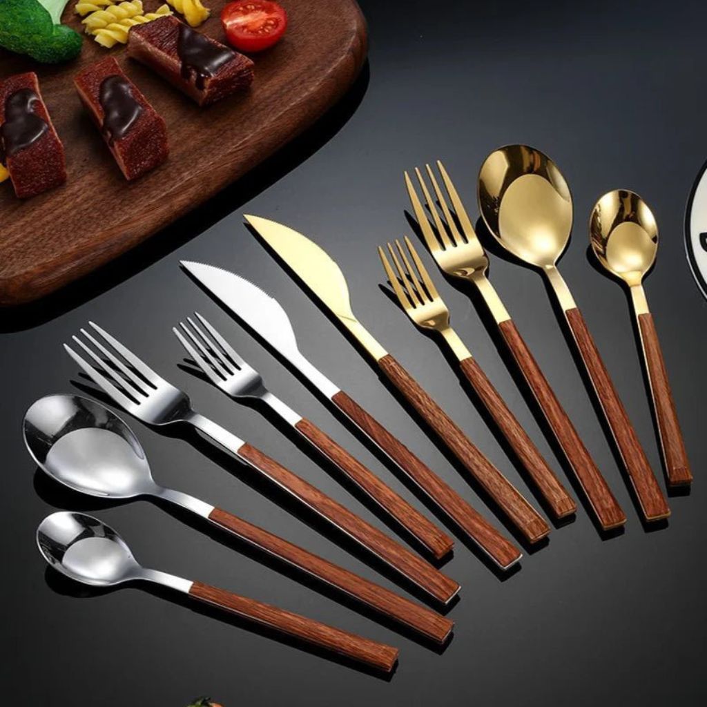 Bestekset 30-delig met Houtlook Handgrepen Goud Zilver RVS voor 6 Personen Vaatwasmachinebestendig Duurzaam