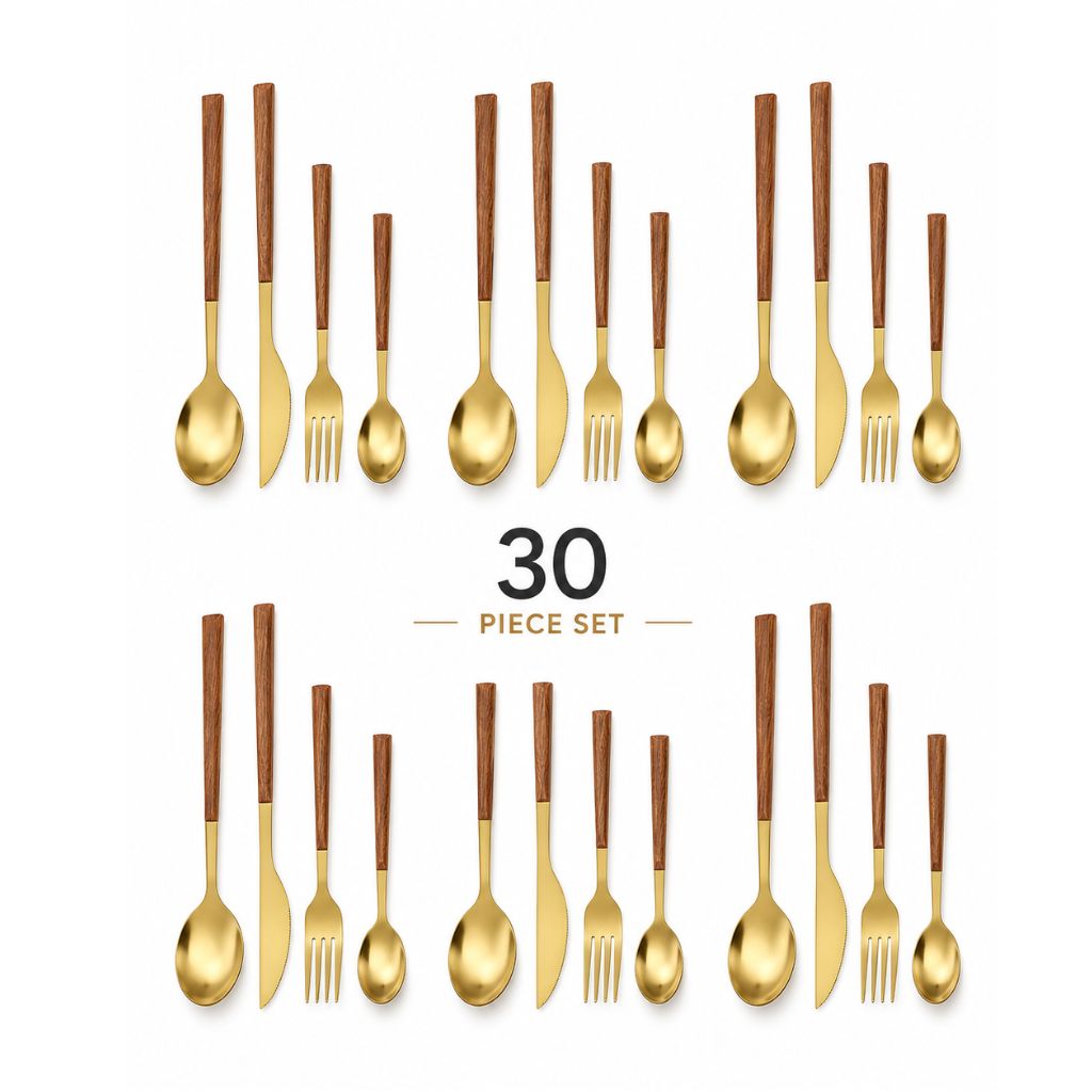 Bestekset 30-delig met Houtlook Handgrepen Goud Zilver RVS voor 6 Personen Vaatwasmachinebestendig Duurzaam