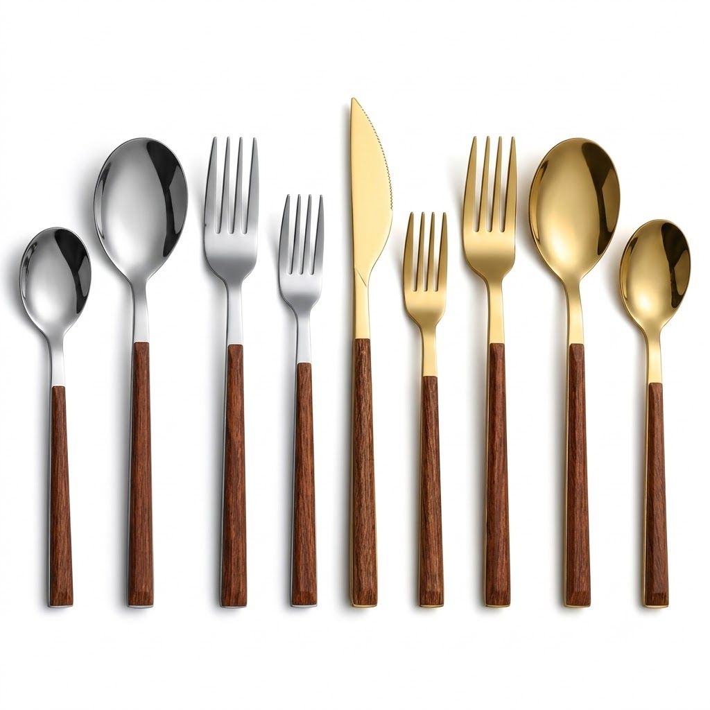 Bestekset 30-delig met Houtlook Handgrepen Goud Zilver RVS voor 6 Personen Vaatwasmachinebestendig Duurzaam