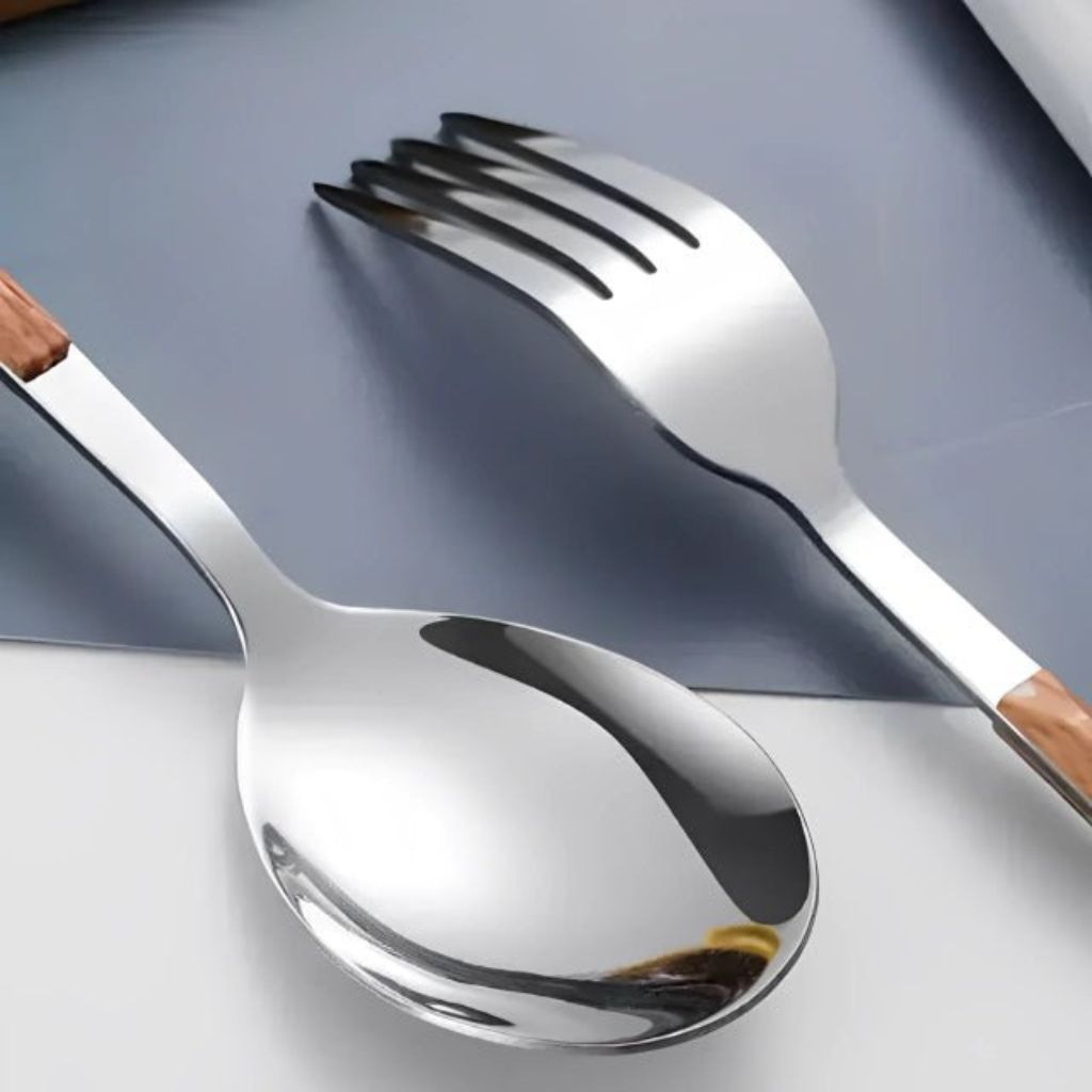 Bestekset 30-delig met Houtlook Handgrepen Goud Zilver RVS voor 6 Personen Vaatwasmachinebestendig Duurzaam