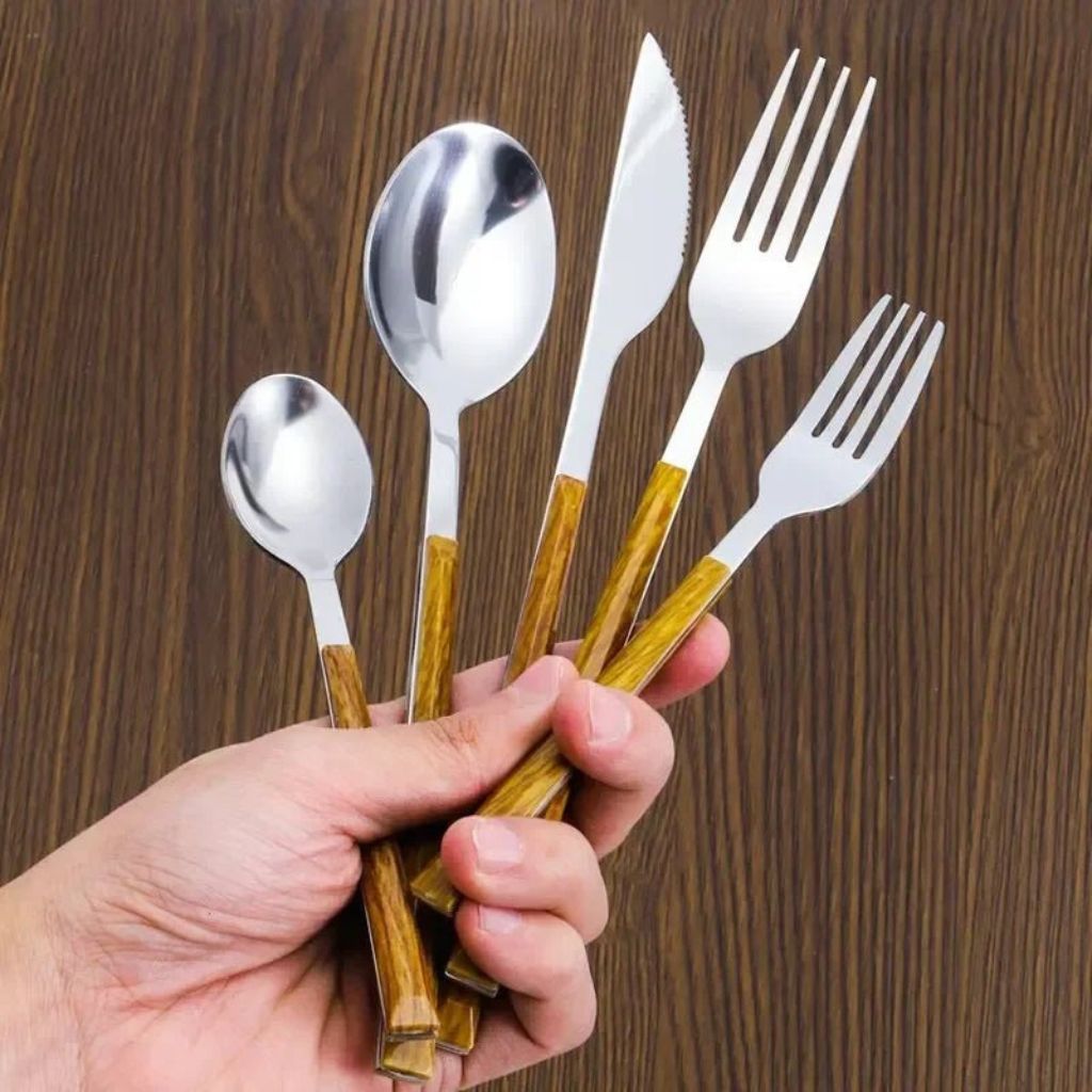 Bestekset 30-delig met Houtlook Handgrepen Goud Zilver RVS voor 6 Personen Vaatwasmachinebestendig Duurzaam