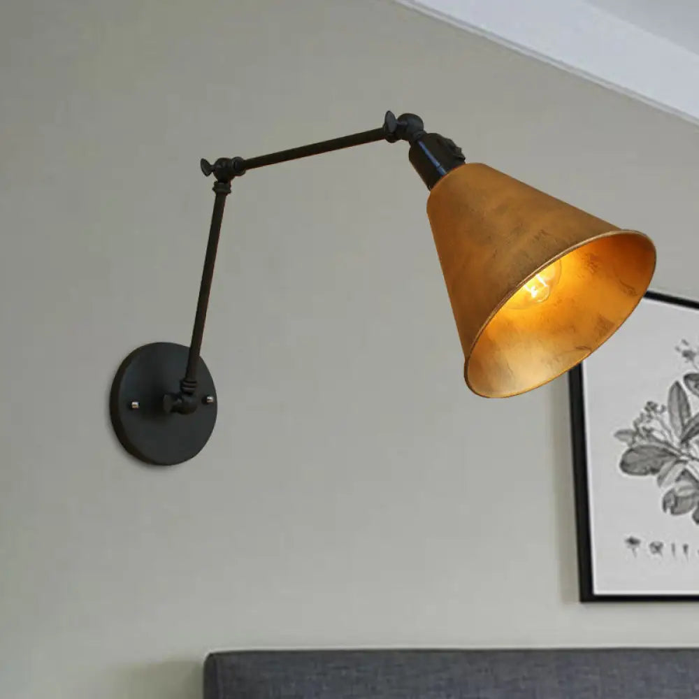 Wandlamp Zwenkarm Zwart 30+30 cm Gesmeed Metaal Kegelkap Hoogte 25 tot 35 cm E27 Fitting Vaste Bedrading
