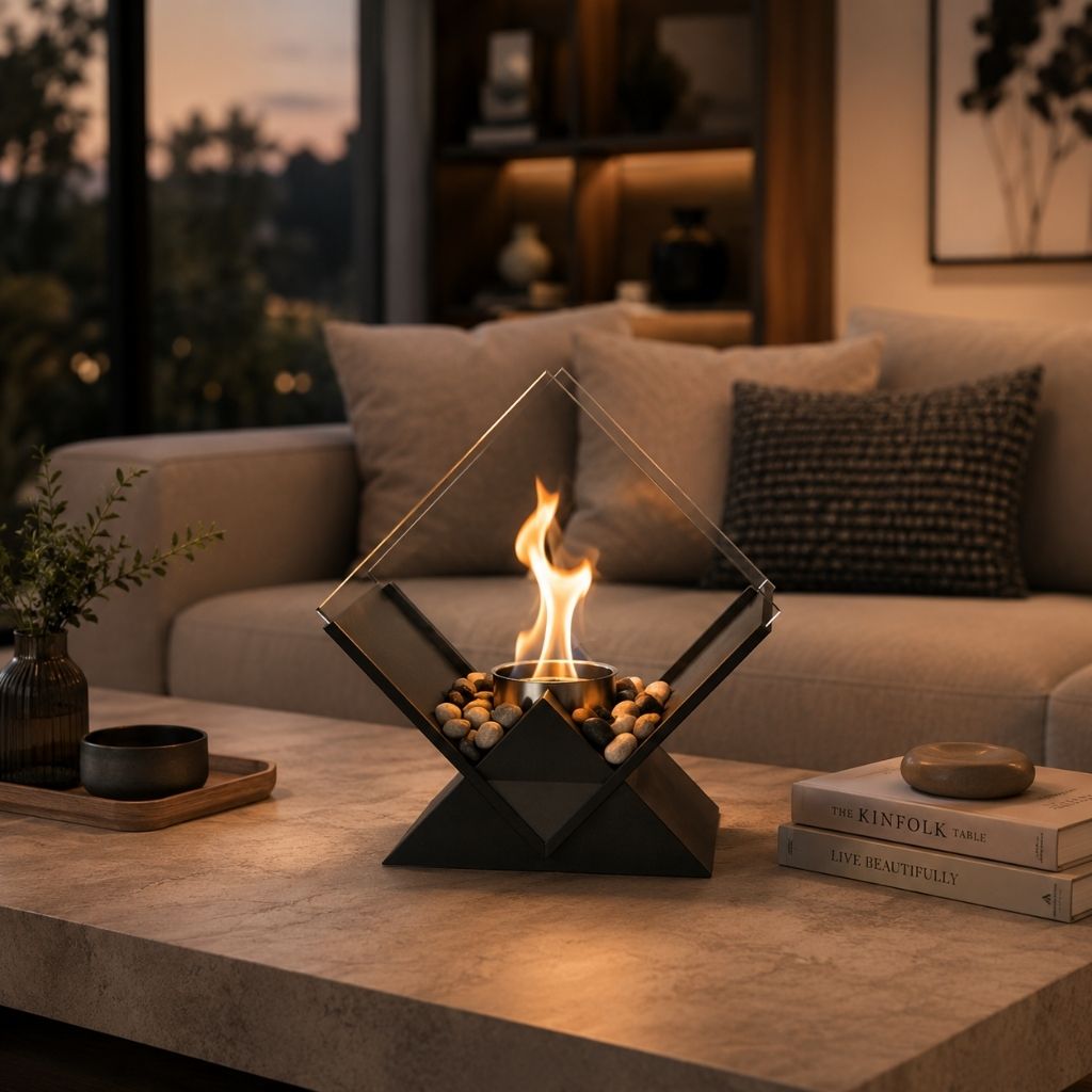 Tafelkachel Bioethanol Rookvrij met Glazen Ruit Decoratieve Tafelhaard voor Binnen en Buiten Sfeerverwarming