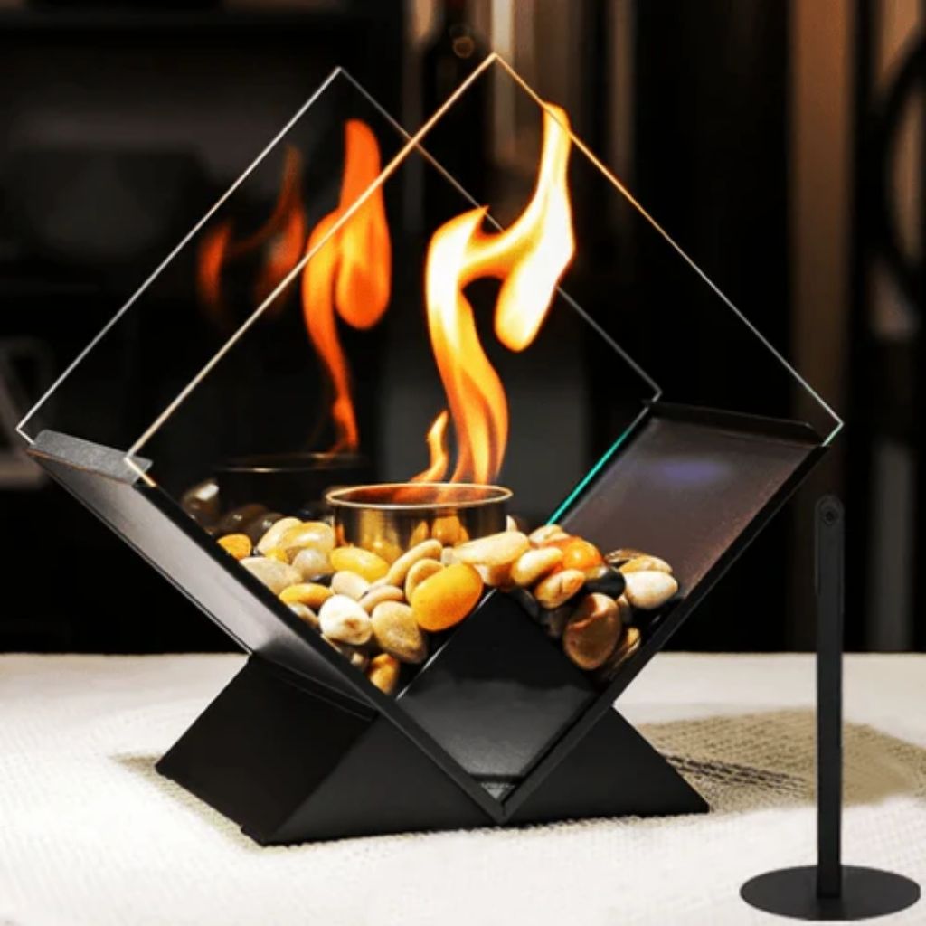 Tafelkachel Bioethanol Rookvrij met Glazen Ruit Decoratieve Tafelhaard voor Binnen en Buiten Sfeerverwarming