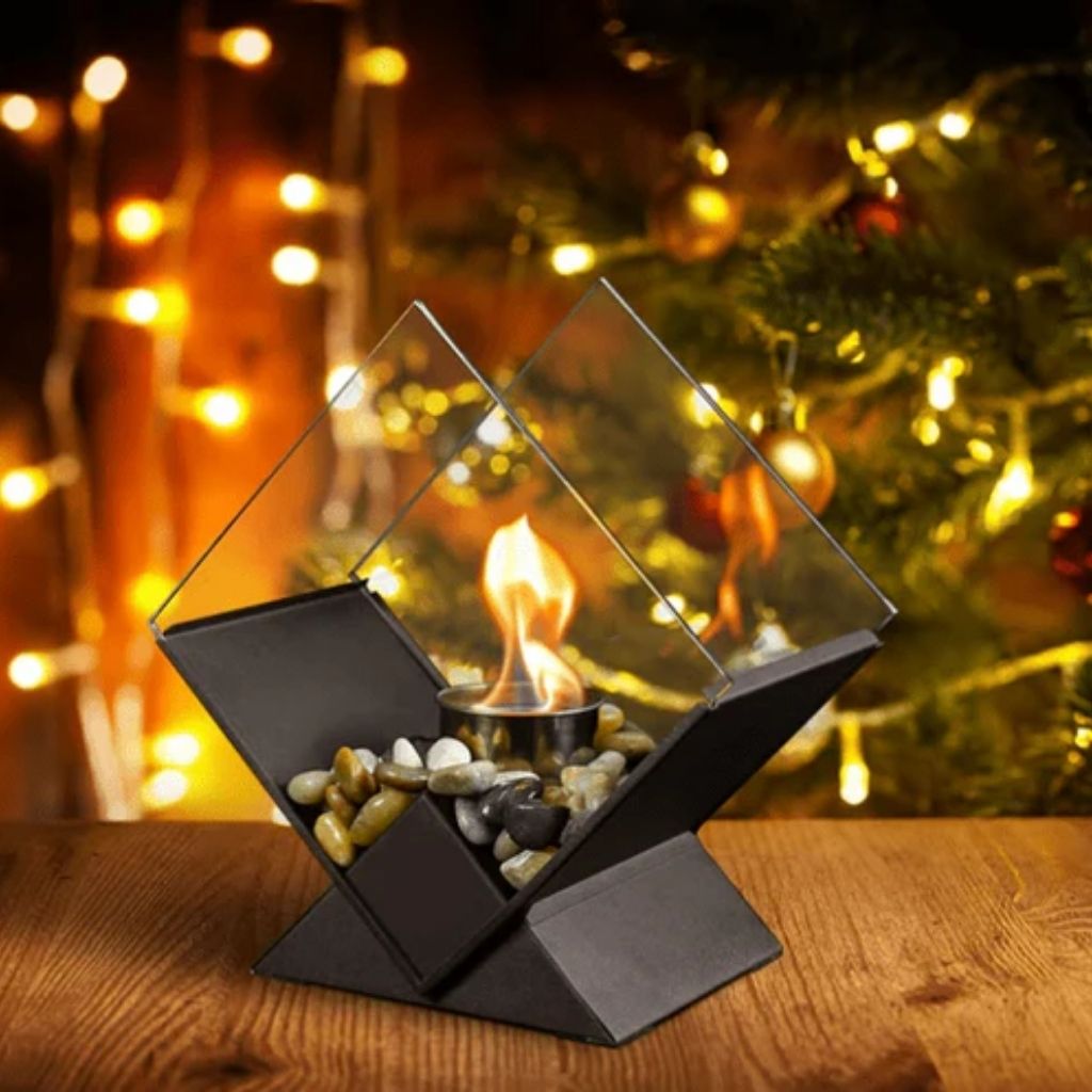 Tafelkachel Bioethanol Rookvrij met Glazen Ruit Decoratieve Tafelhaard voor Binnen en Buiten Sfeerverwarming