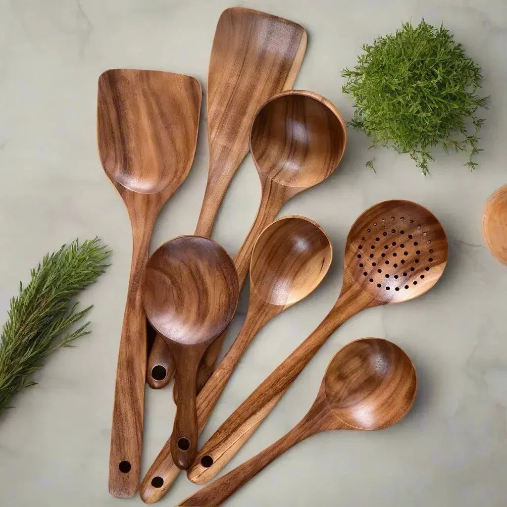 Teakhouten Keukengerei Set 4 tot 10-delig Duurzaam Antiaanbak Handgemaakt Hout Koken Spatel Lepel Serveren