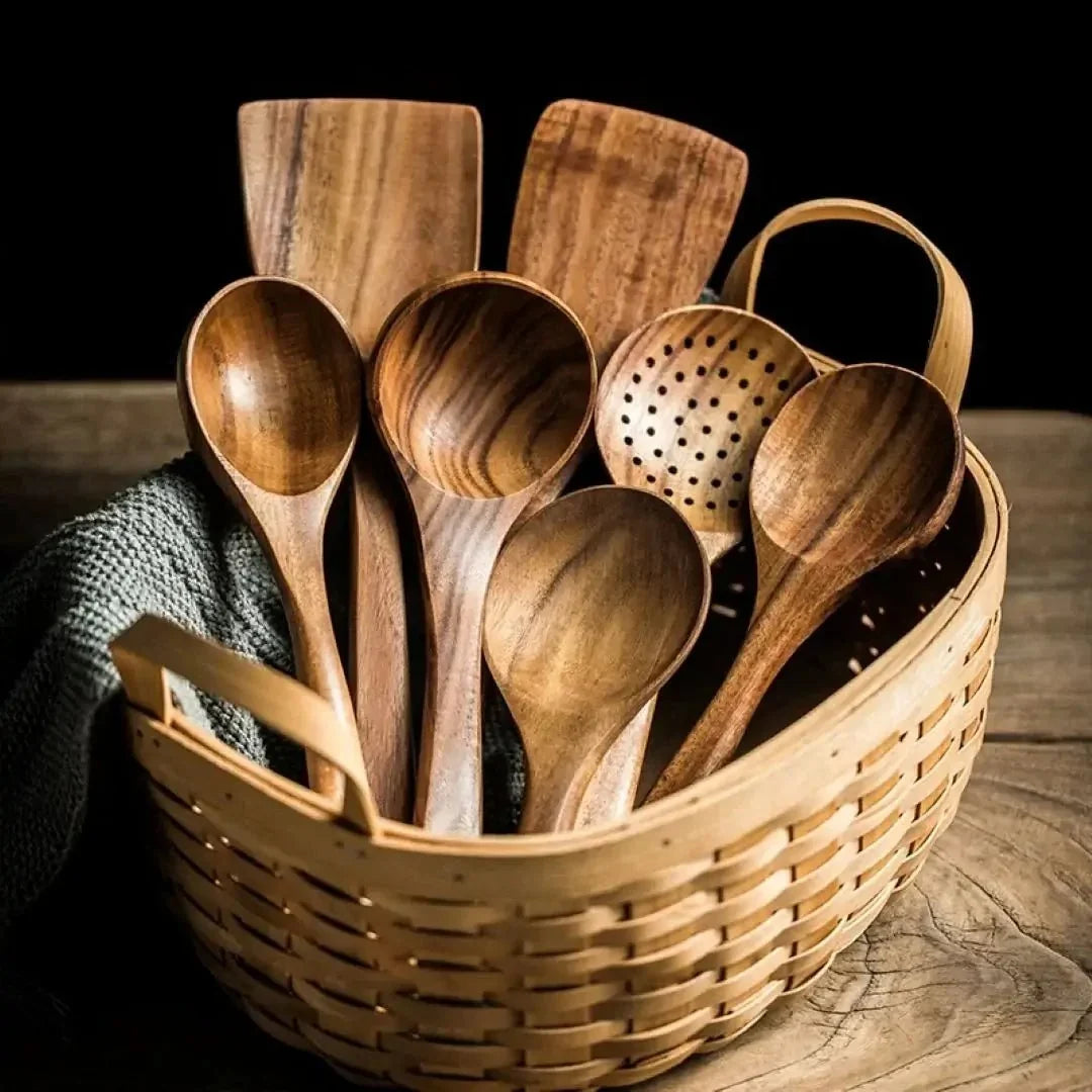 Teakhouten Keukengerei Set 4 tot 10-delig Duurzaam Antiaanbak Handgemaakt Hout Koken Spatel Lepel Serveren