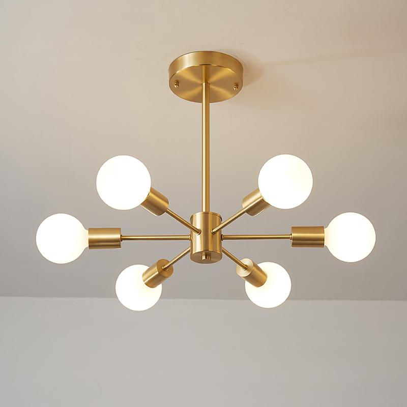 Moderne sputnik kroonluchter met 6 armen in messing - minimalistische design hanglamp zonder glazen kap