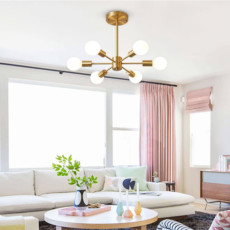 Moderne sputnik kroonluchter met 6 armen in messing - minimalistische design hanglamp zonder glazen kap