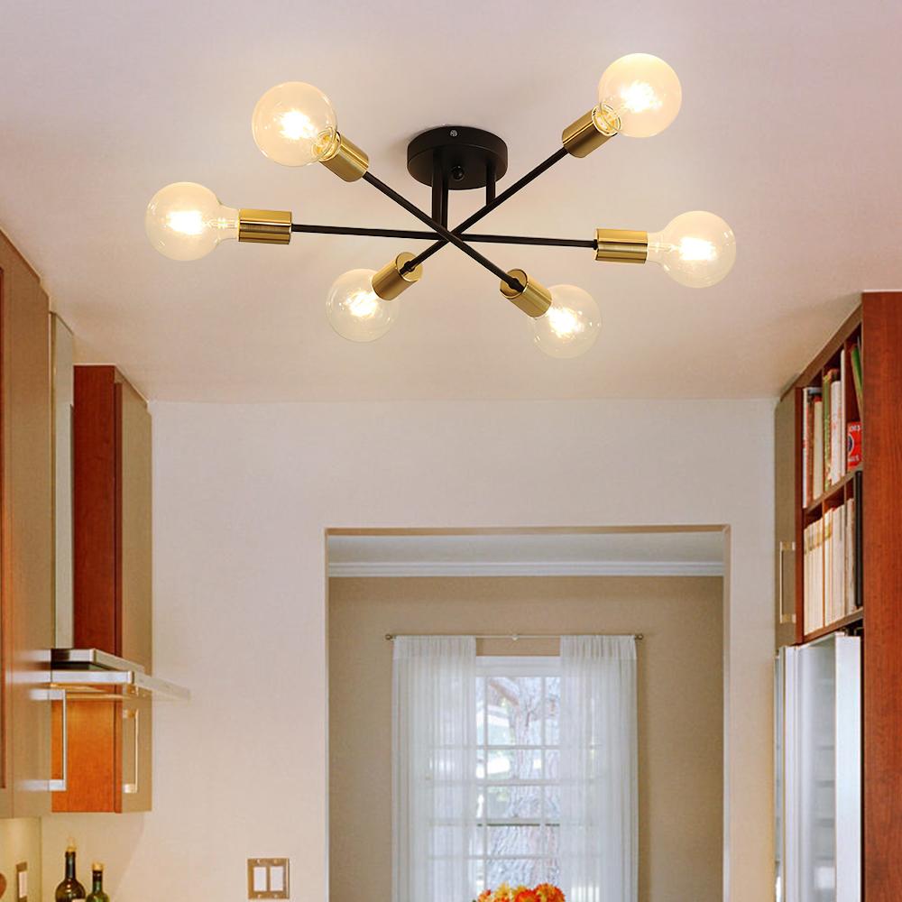 Messing sputnik plafondlamp met 6 lichtpunten - semi flush design voor lage plafonds 60 cm