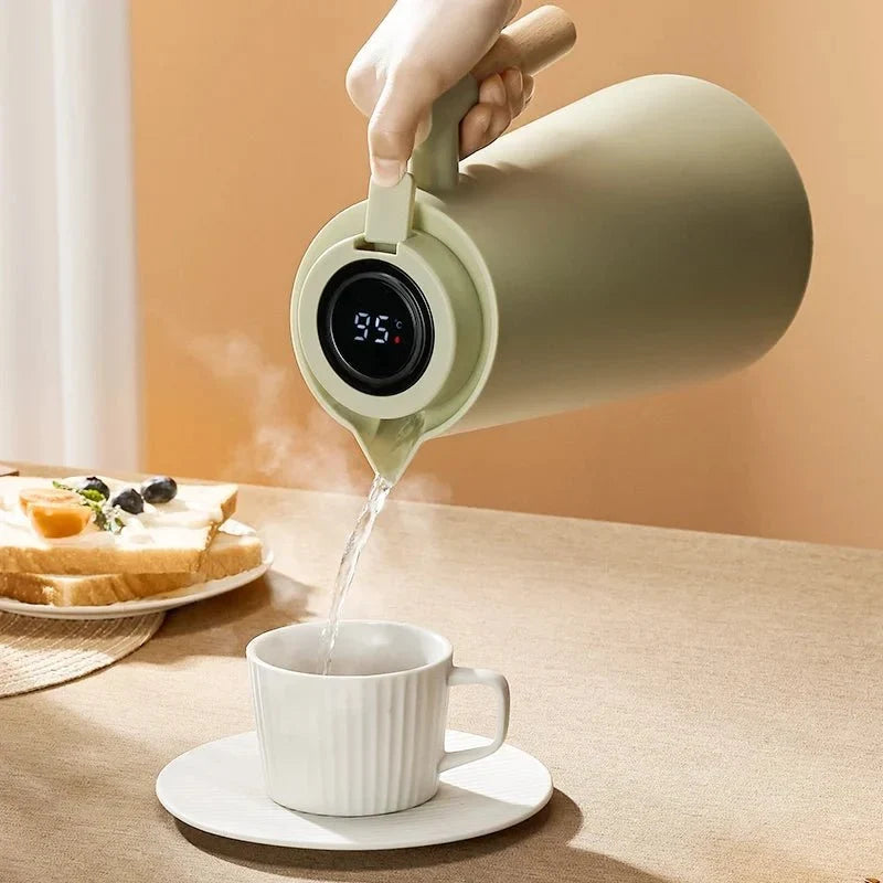 Thermoskan met Temperatuurweergave en Houten Handvat 1L Dubbelwandig Glas Koffiekan Theekan Isolerend Vacuum