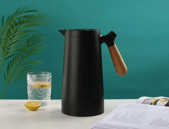 Thermoskan met Houten Handgreep 1L Dubbelwandig Glas Koffiekan Theekan Isoleerkan Scandinavisch Design