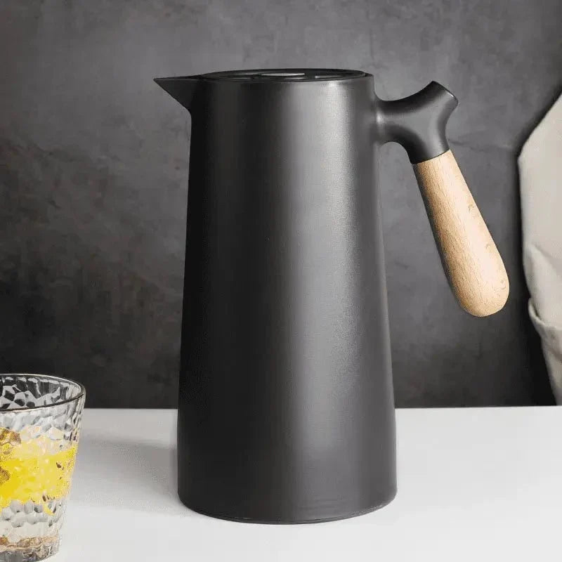 Thermoskan met Houten Handgreep 1L Dubbelwandig Glas Koffiekan Theekan Isoleerkan Scandinavisch Design