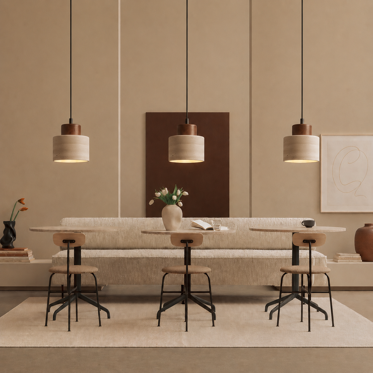 Travertijn Hanglamp Natuursteen Hout E27 Verstelbaar Snoer Eetkamer Keukeneiland Wabi-Sabi Scandinavisch