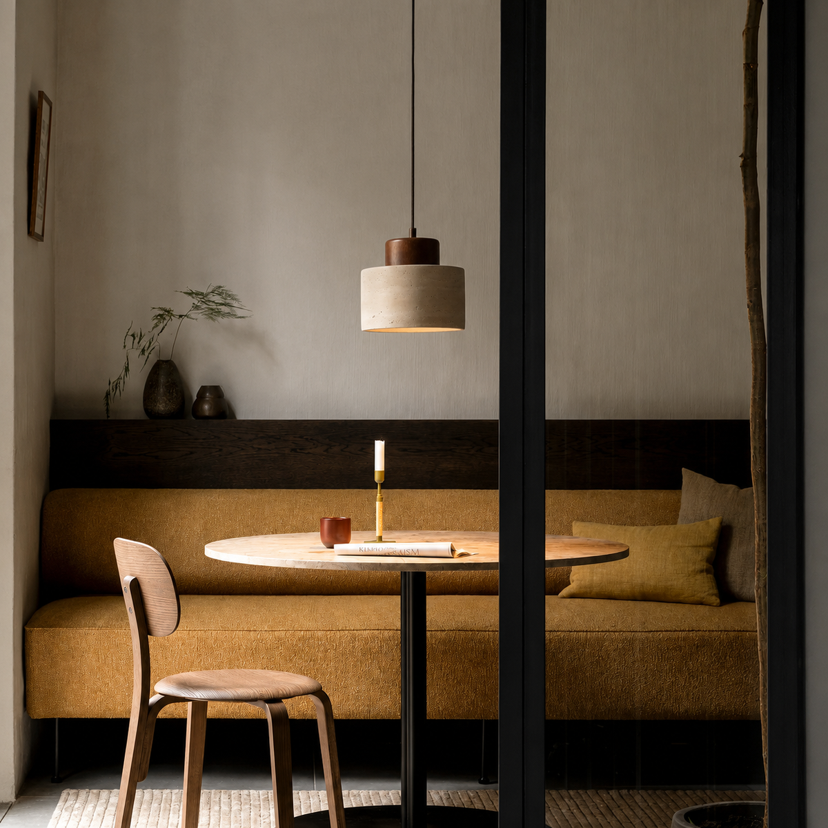 Travertijn Hanglamp Natuursteen Hout E27 Verstelbaar Snoer Eetkamer Keukeneiland Wabi-Sabi Scandinavisch