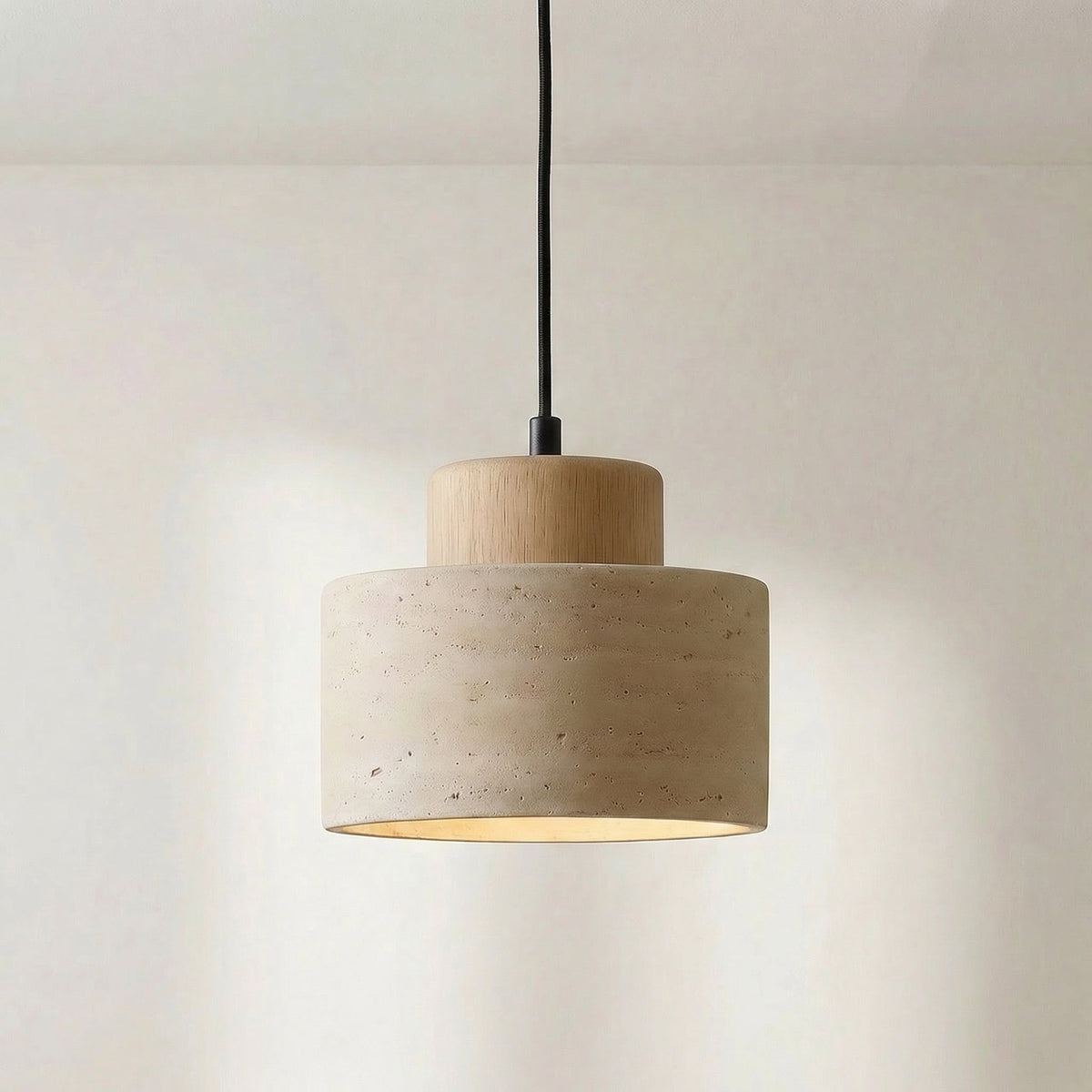 Travertijn Hanglamp Natuursteen Hout E27 Verstelbaar Snoer Eetkamer Keukeneiland Wabi-Sabi Scandinavisch