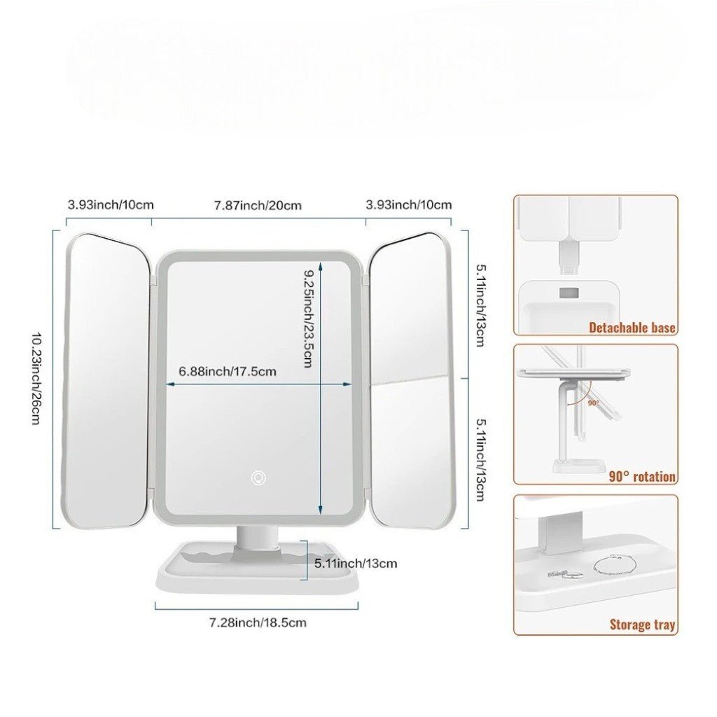 Driedelige Make-upspiegel met LED-Verlichting en 2x 3x 10x Vergroting Oplaadbaar Verstelbaar Opvouwbaar