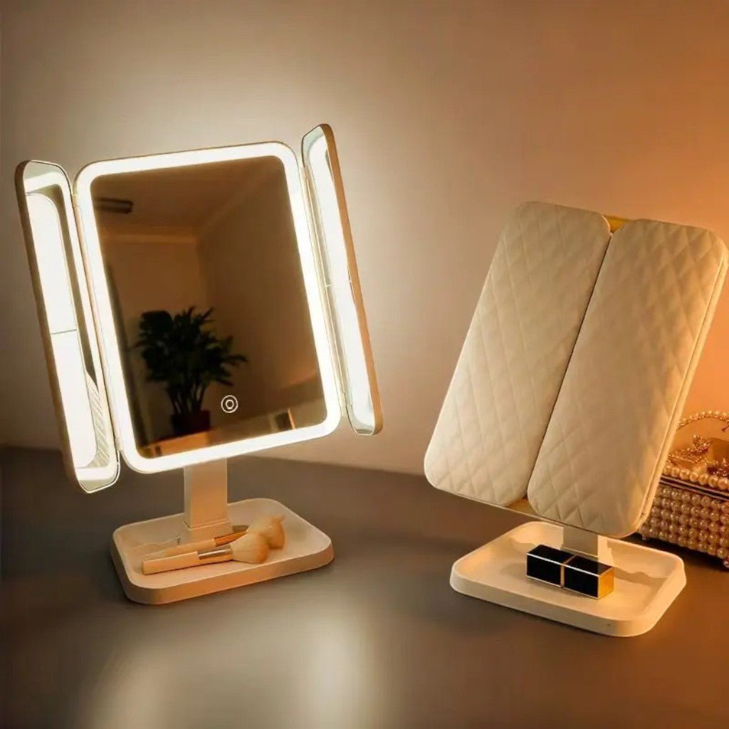 Driedelige Make-upspiegel met LED-Verlichting en 2x 3x 10x Vergroting Oplaadbaar Verstelbaar Opvouwbaar