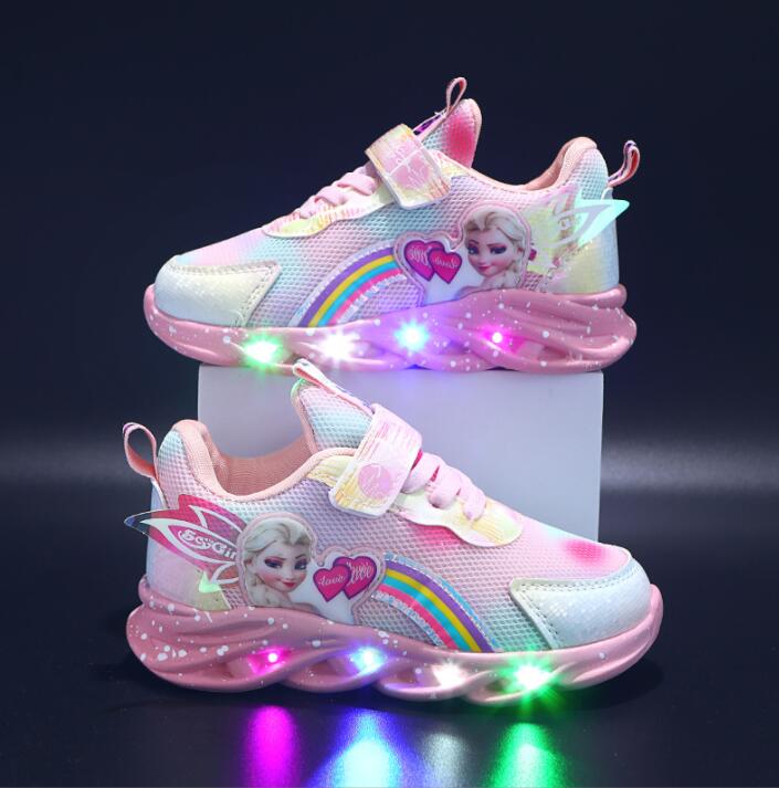 LED kinderschoenen glitter regenboog roze klittenband spelen wandelen lichtgevende sneakers meisjes