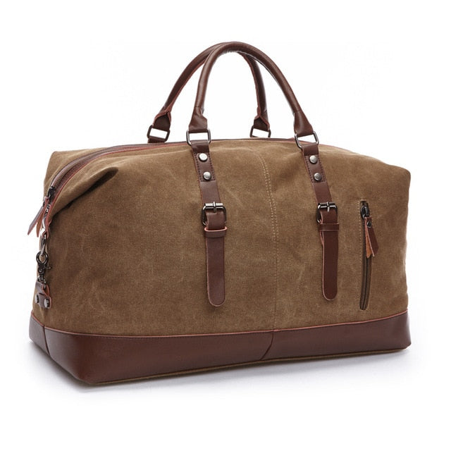 Vintage Weekendtas Leer Canvas Waterafstotend Reistas Cognac Bruin Handbagage Duffelbag Sporttas Schoudertas