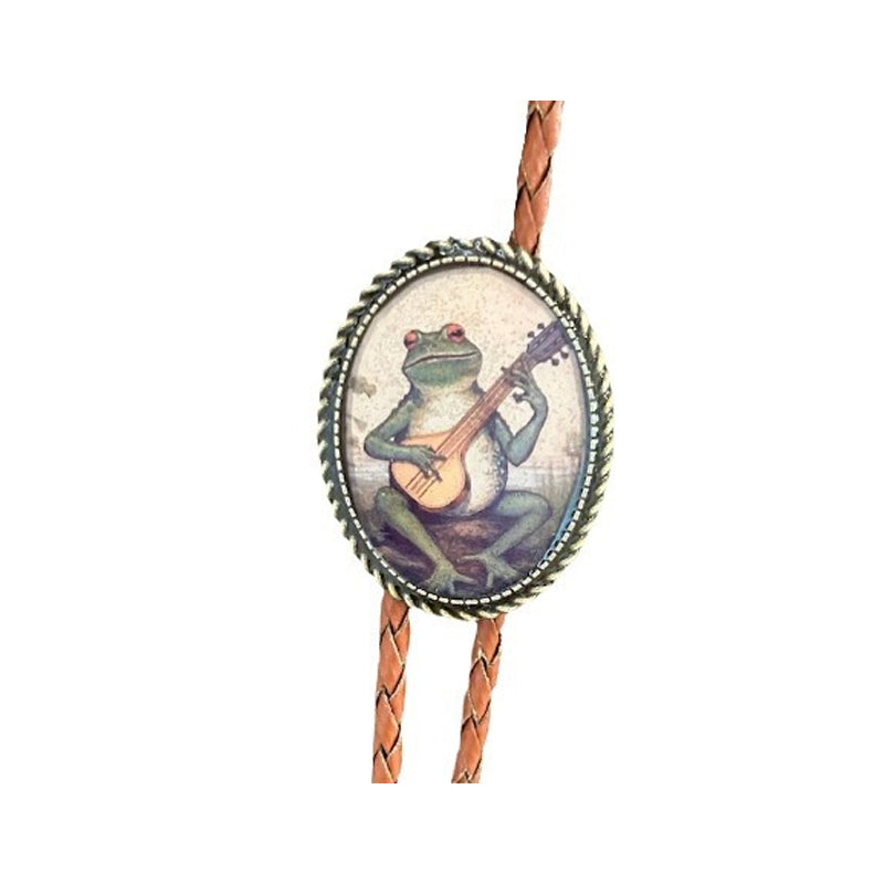 Western Bolo Tie met Kikker en Banjo Motief - Verstelbaar Leren Stropdas voor Authentieke Cowboystijl