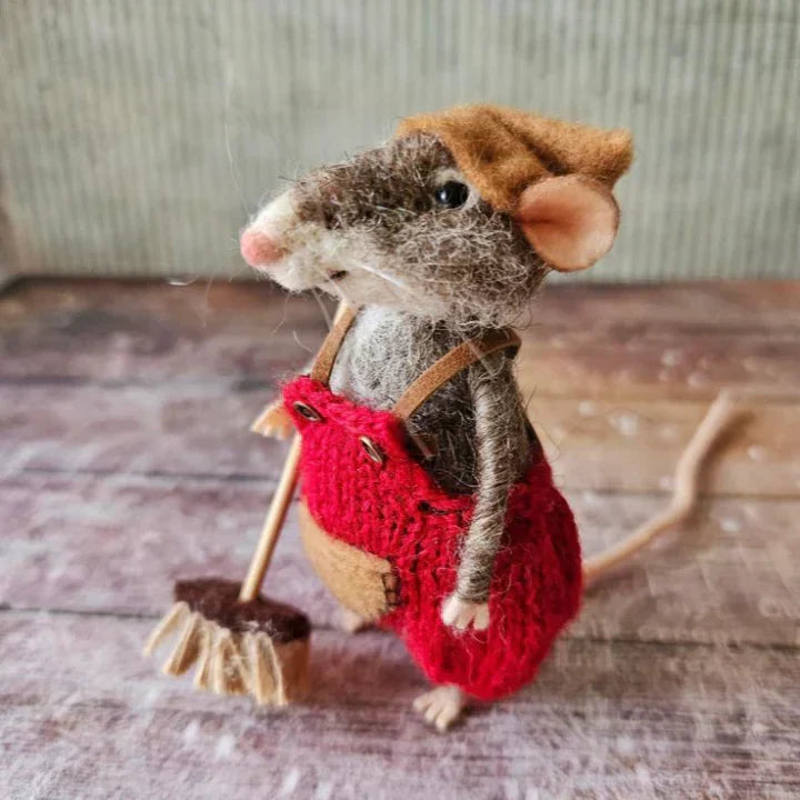 Handgemaakte Viltmuis Decoratiefiguur - Wol & Leer - 7,6 cm - Schattig Ornament voor Seizoensdecoratie