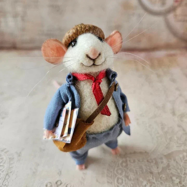 Handgemaakte Viltmuis Decoratiefiguur - Wol & Leer - 7,6 cm - Schattig Ornament voor Seizoensdecoratie