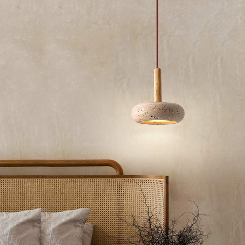 Zen Hanglamp met Natuursteen Kap en Houten Accent - Scandinavisch Design met Geïntegreerde LED