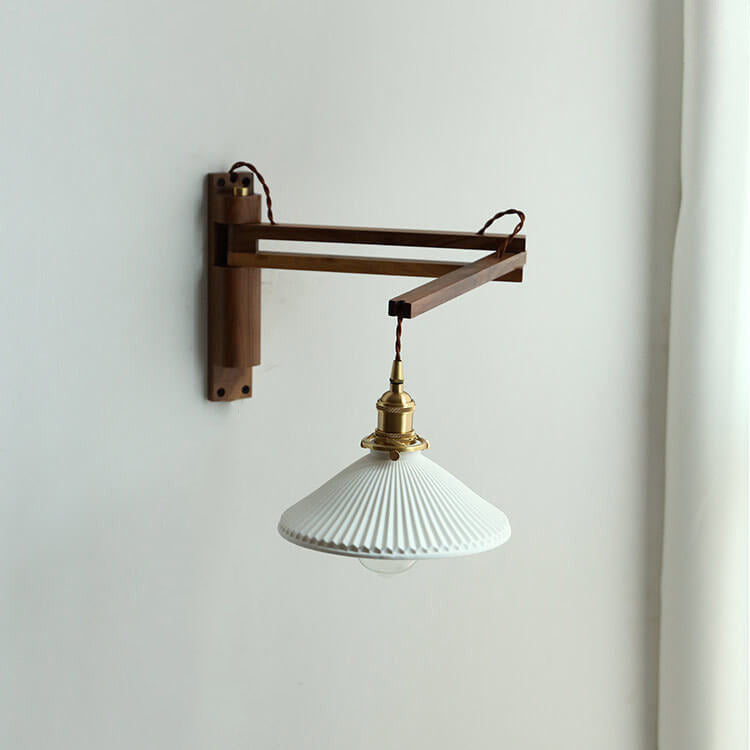 Uitschuifbare wandlamp met gestreept glas en houten arm voor woonkamer slaapkamer hal leeshoek sfeerverlichting