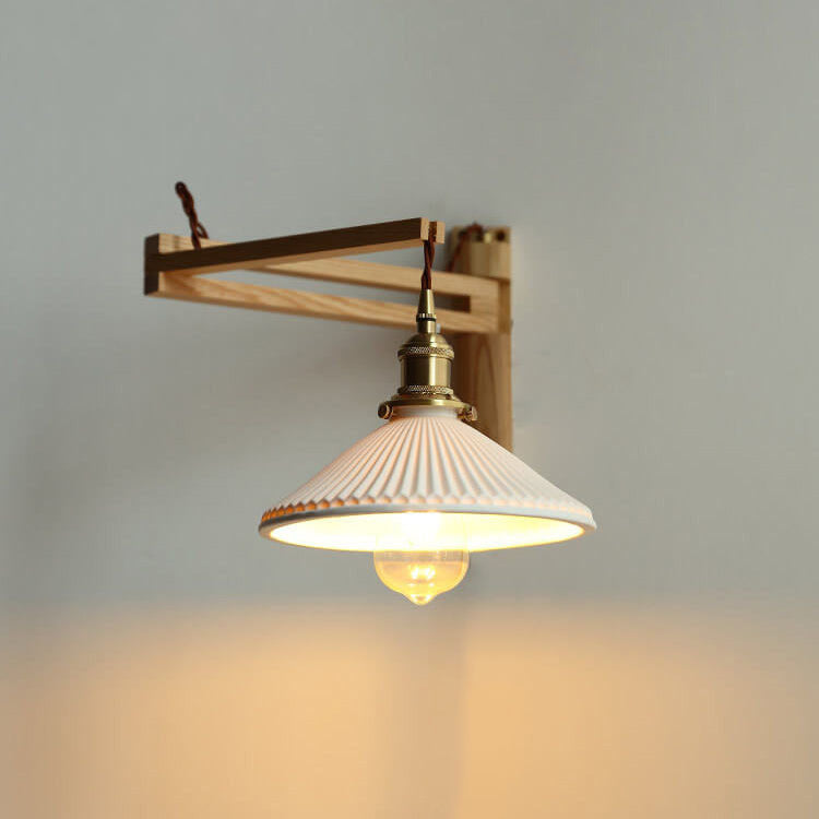 Uitschuifbare wandlamp met gestreept glas en houten arm voor woonkamer slaapkamer hal leeshoek sfeerverlichting