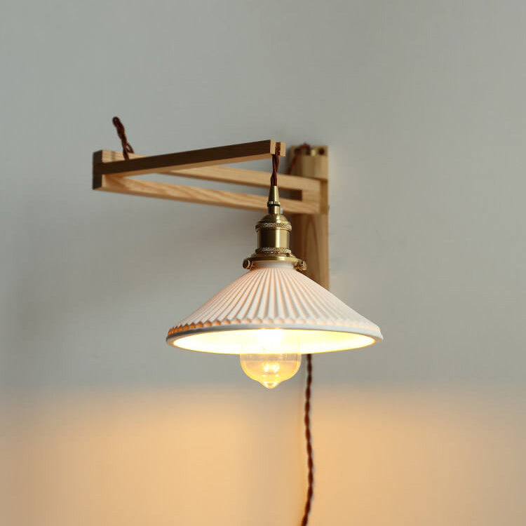 Uitschuifbare wandlamp met gestreept glas en houten arm voor woonkamer slaapkamer hal leeshoek sfeerverlichting