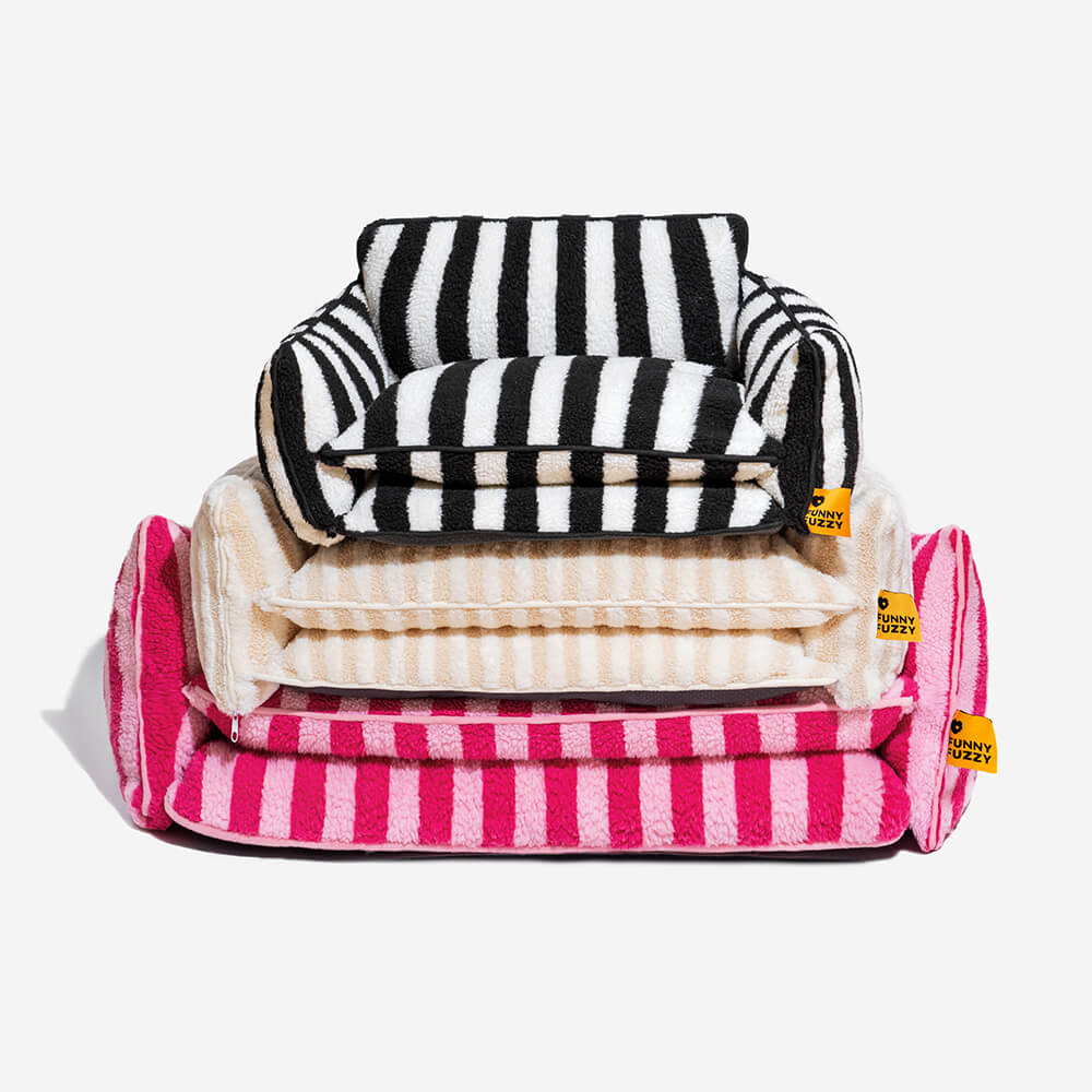 Gestreepte Pluche Hondenbed Tweelaags Kunstlam Warm Afneembaar Beige Roze Zwart M L XL 2XL Huisdier Comfort