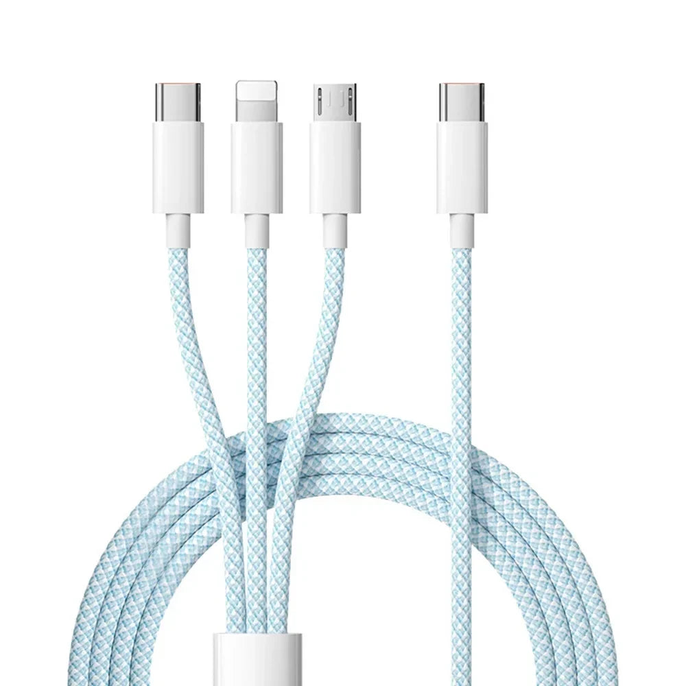 3-in-1 Oplaadkabel 100W Lightning Micro-USB USB-C Snelladen Data Transfer 480Mbps Gevlochten Intrekbaar