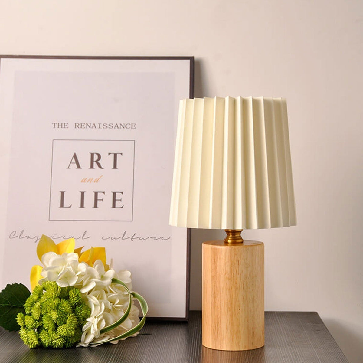 Tafellamp Plissé Kap Houten Voet Vintage Stijl Dimbaar Sfeerlicht Nachtkastje Woonkamer Leeslamp Retro Design