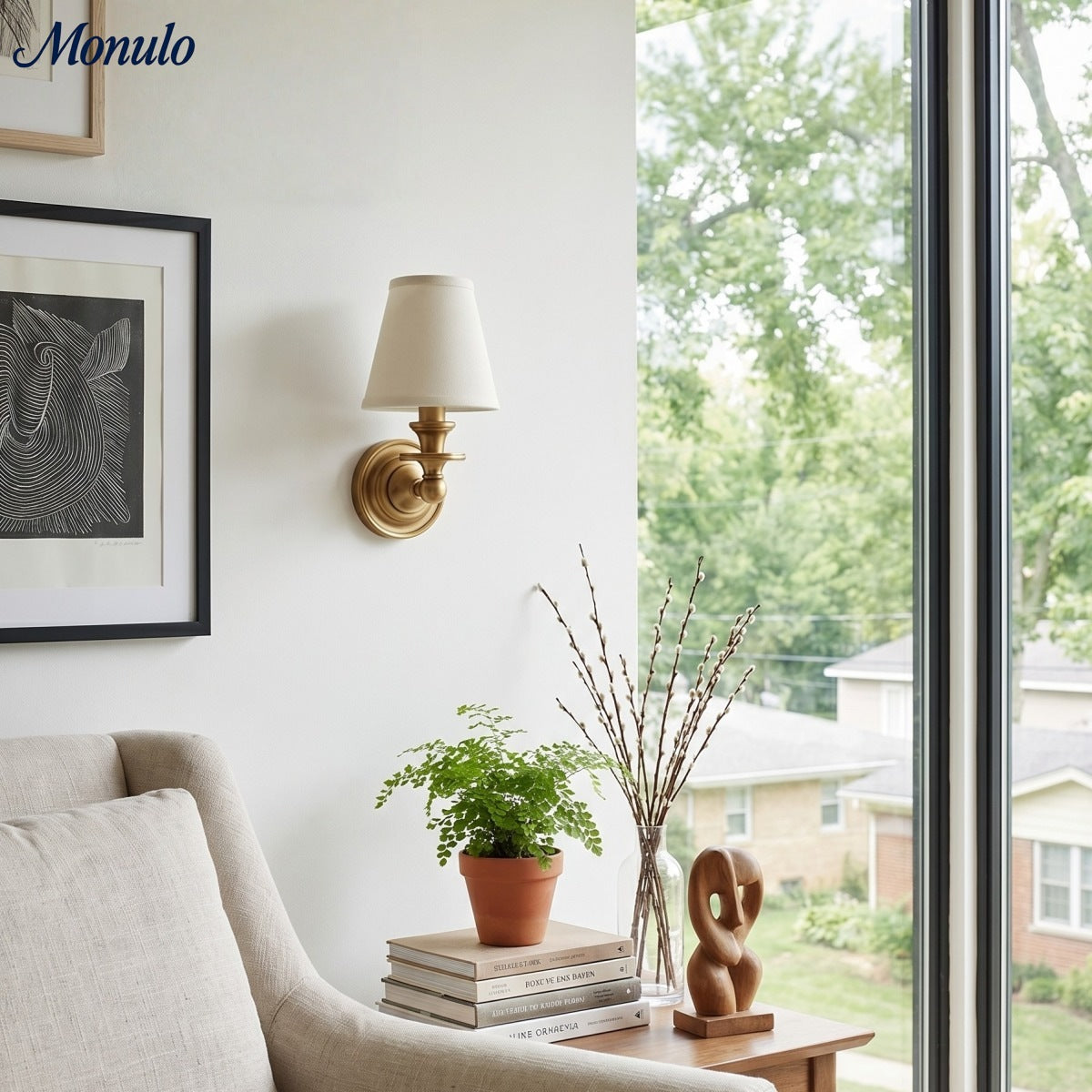 Wandlamp met stoffen kap en zwanenhalsarm - smeedijzeren armatuur met verstelbare leeslamp