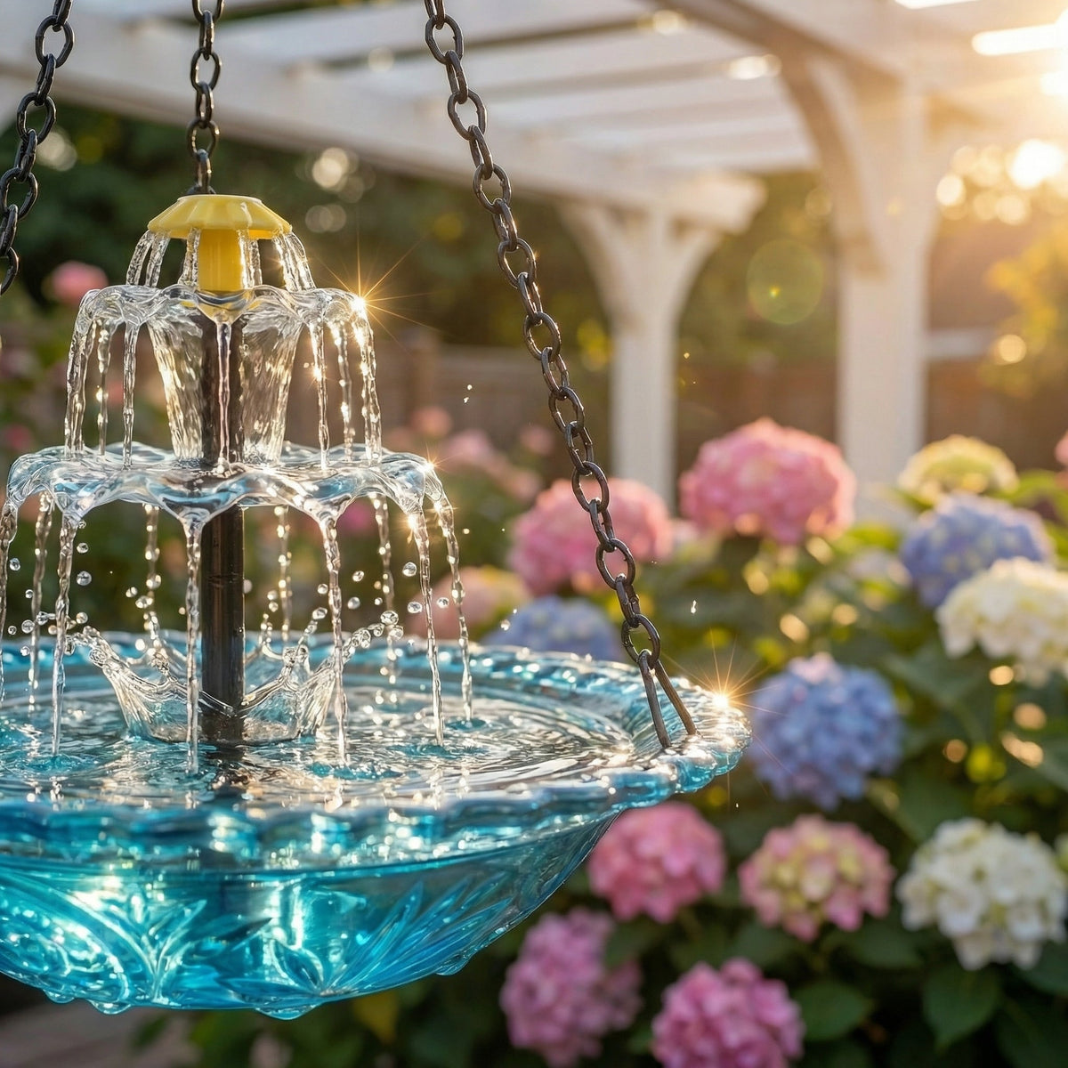 Hangende Vogelbadwaterfontein op Zonne-energie Tweeniveaus Glas Metaal voor Tuin Terras Balkon