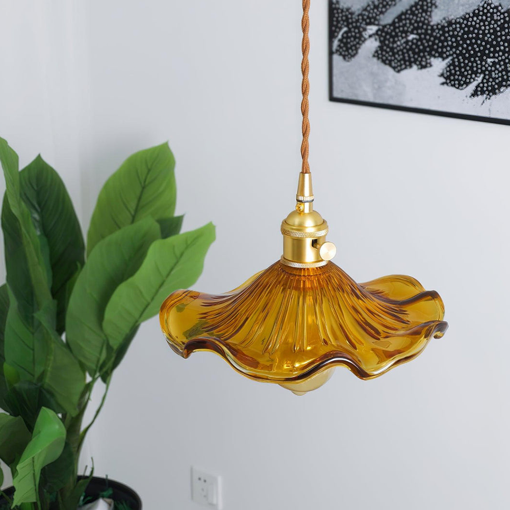 Selene Glazen Hanglamp - Hibiscusbloem Design Messing Glas - Hangende Verlichting Eetkamer Woonkamer Slaapkamer - E27 Fitting 23-33cm
