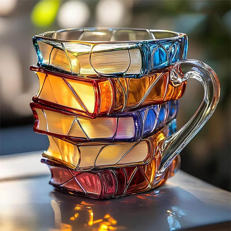Handgemaakte 3D Boekenmok met Reliëf - Boekenliefhebber Cadeau - Dikwandig Glas - Koffie Thee Beker - Gedetailleerde Boekenruggen