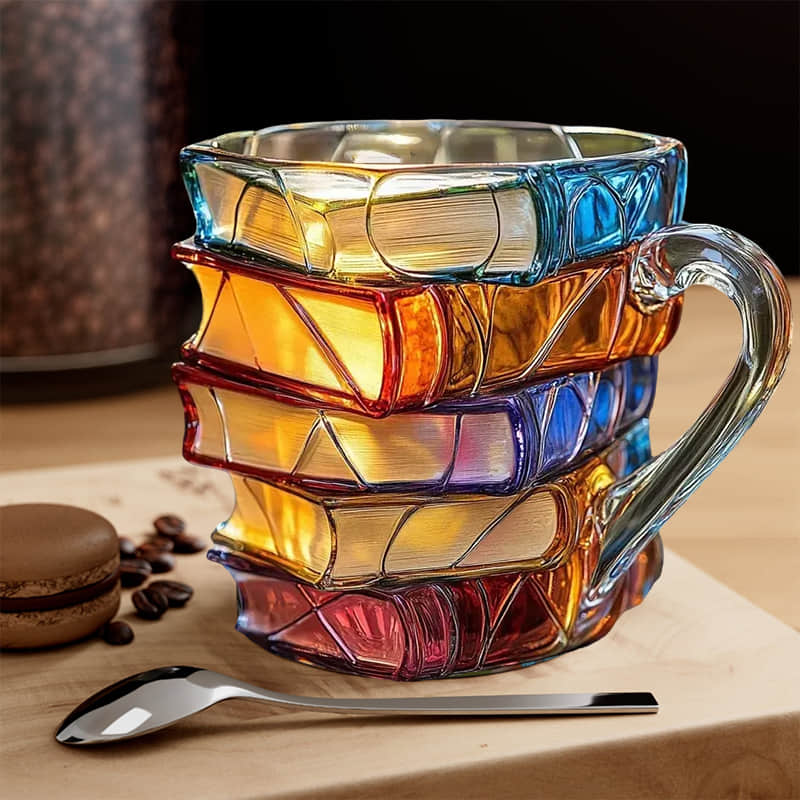 Handgemaakte 3D Boekenmok met Reliëf - Boekenliefhebber Cadeau - Dikwandig Glas - Koffie Thee Beker - Gedetailleerde Boekenruggen