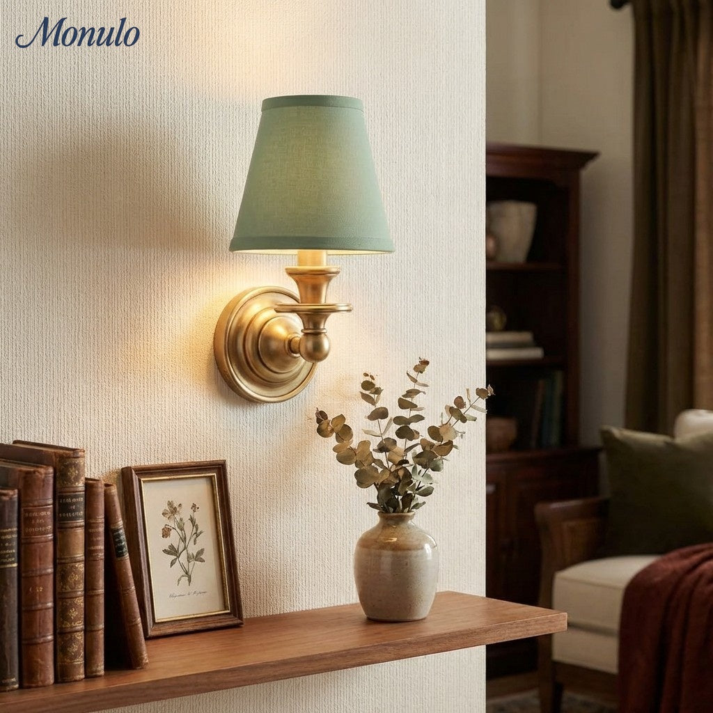 Wandlamp met stoffen kap en zwanenhalsarm - smeedijzeren armatuur met verstelbare leeslamp
