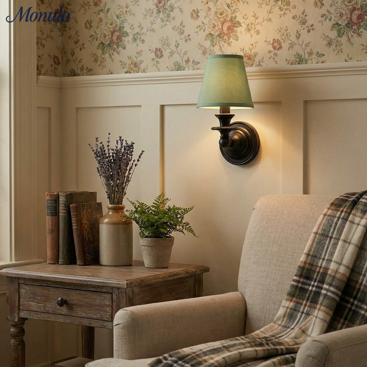 Wandlamp met stoffen kap en zwanenhalsarm - smeedijzeren armatuur met verstelbare leeslamp