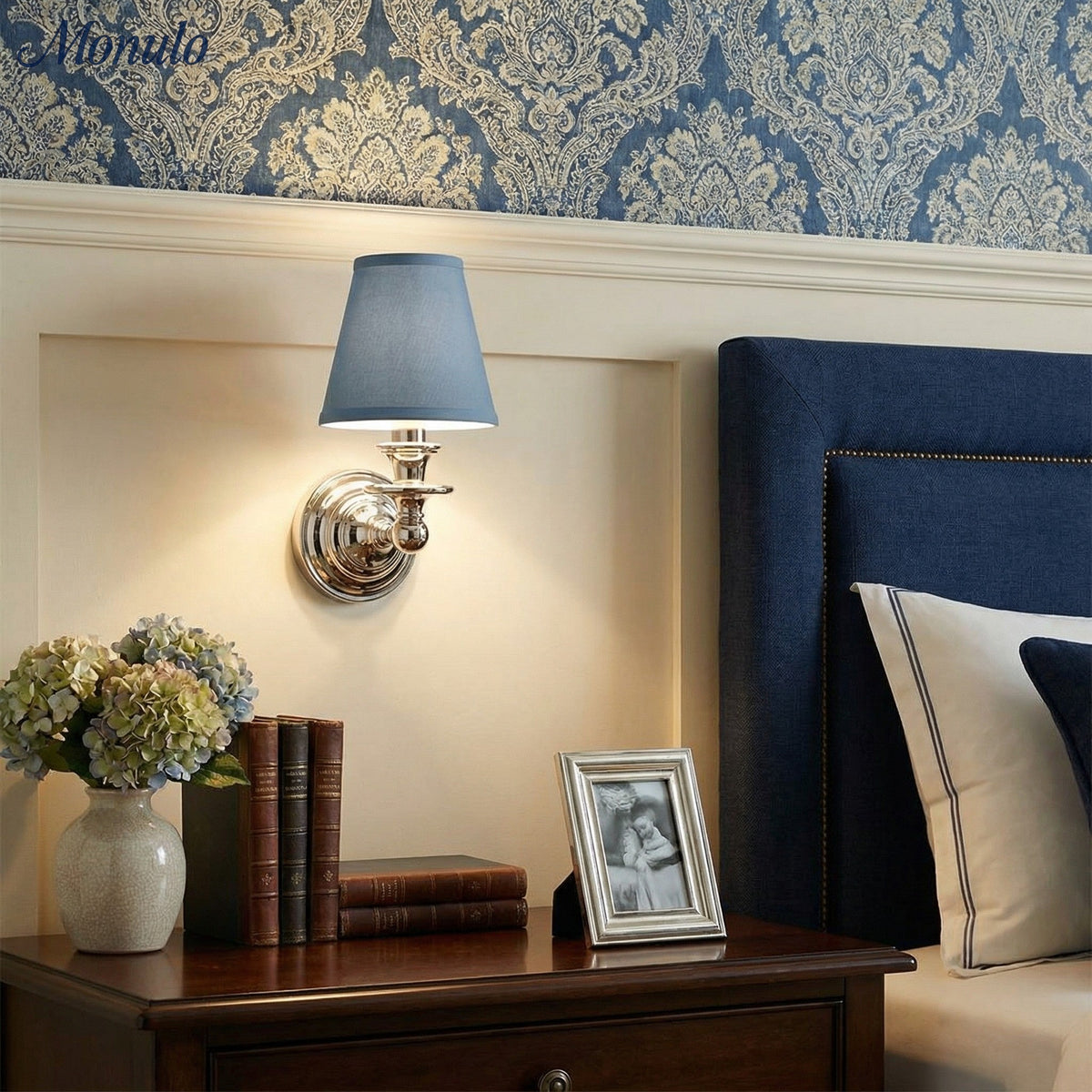 Wandlamp met stoffen kap en zwanenhalsarm - smeedijzeren armatuur met verstelbare leeslamp