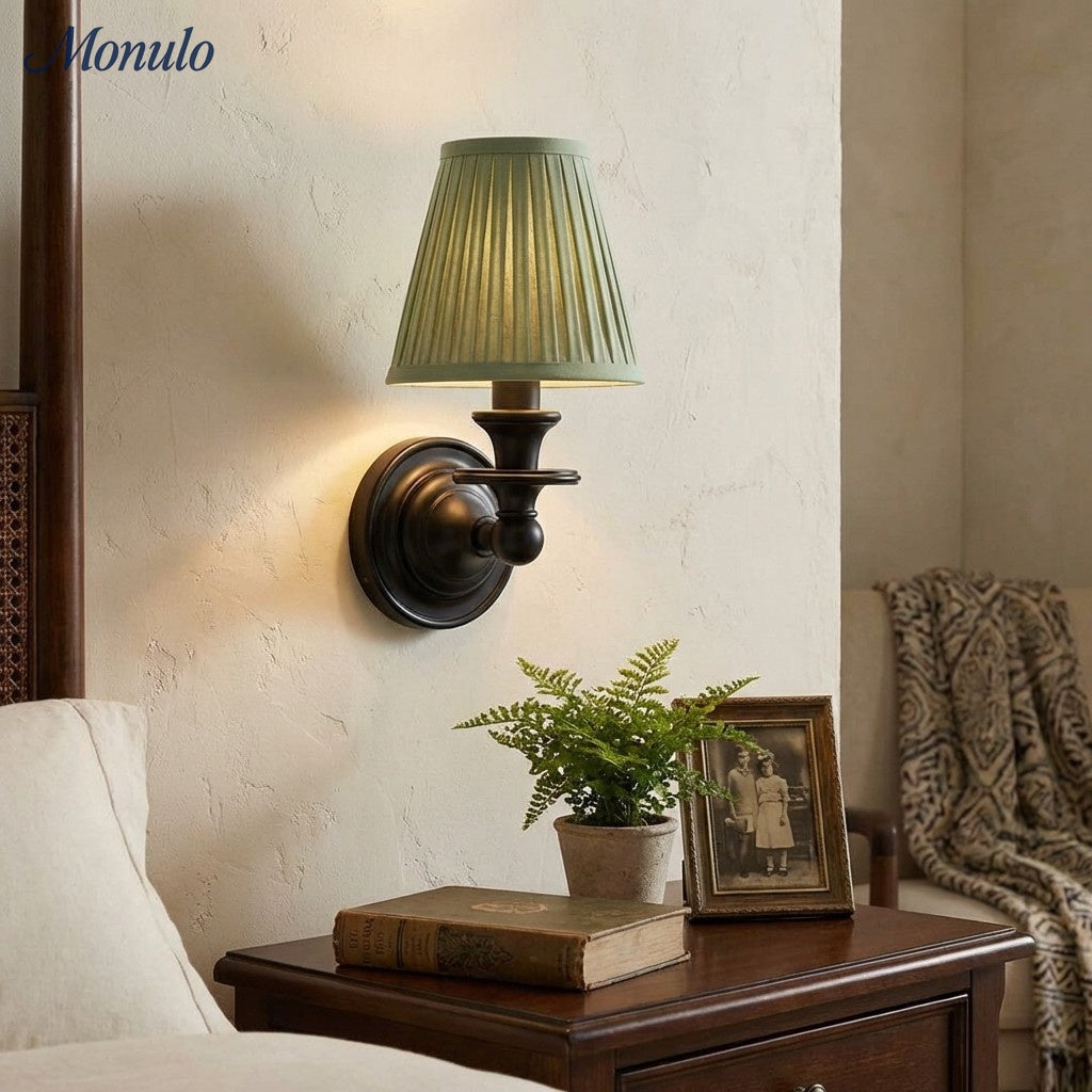 Wandlamp met stoffen kap en zwanenhalsarm - smeedijzeren armatuur met verstelbare leeslamp