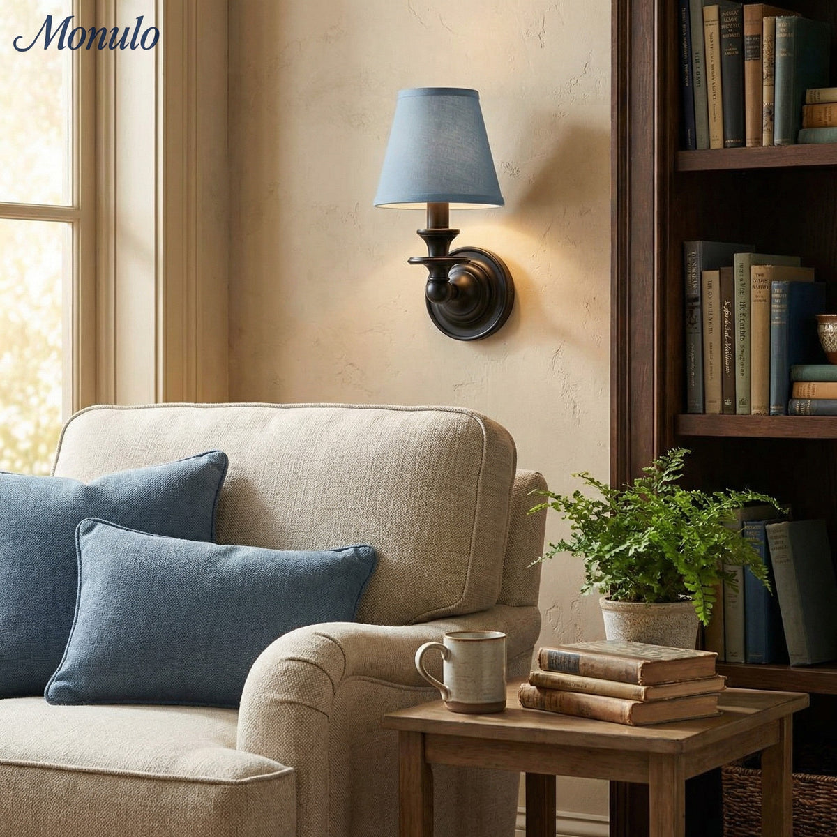 Wandlamp met stoffen kap en zwanenhalsarm - smeedijzeren armatuur met verstelbare leeslamp